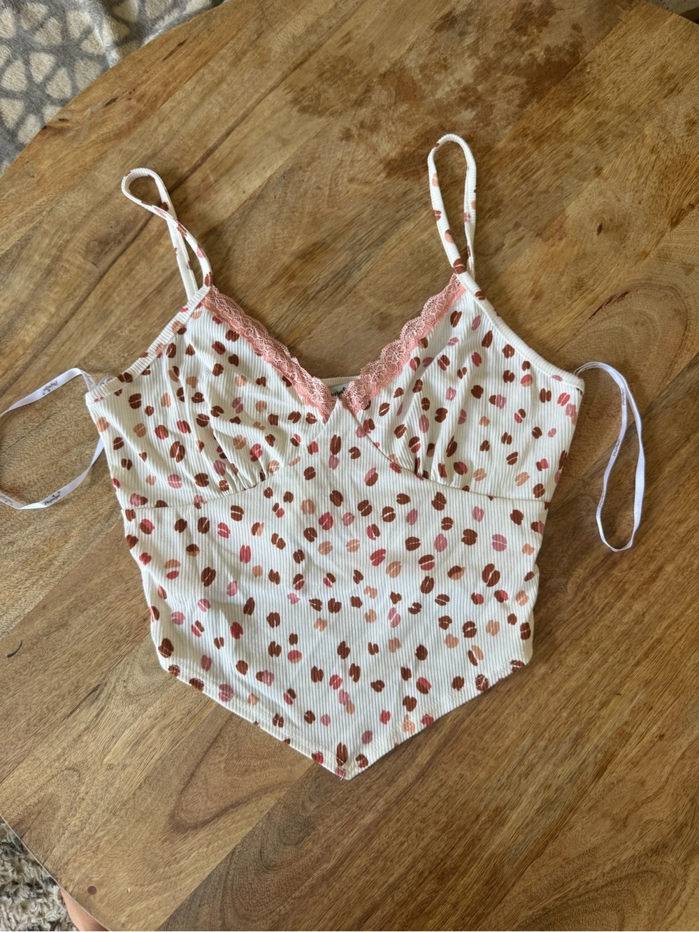 Papaya Cream Ribbed Cami with Pink Lace & Dot Print